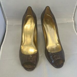 Enzo Angiolini leather croc embossed open toe pump.